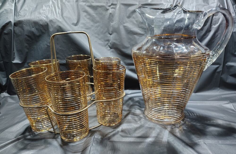 Vintage Corning Pyrex Gold Striped Pitcher & Glass Set With Glass Caddy MCM